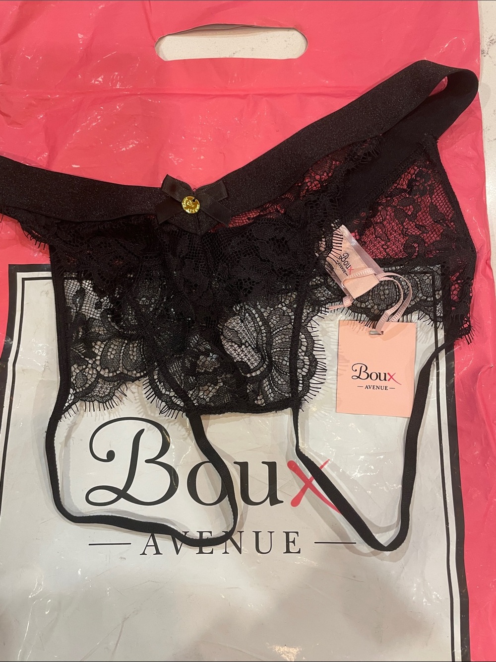 London’s Boux Avenue Black Floral Lace Cheeky Panty with Satin Bow